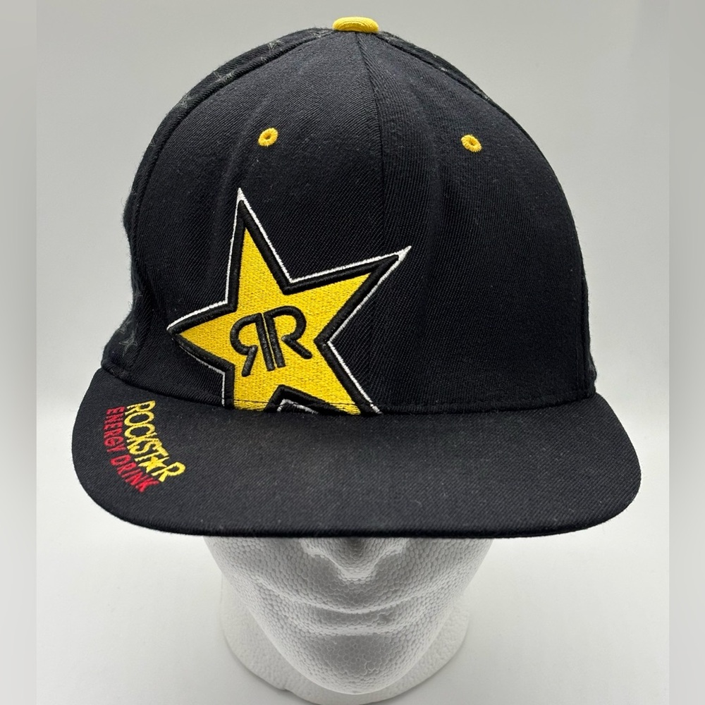 Rockstar Energy Drink Industries Flexfit Flatbill Hat L/XL Black Yellow Rare hat